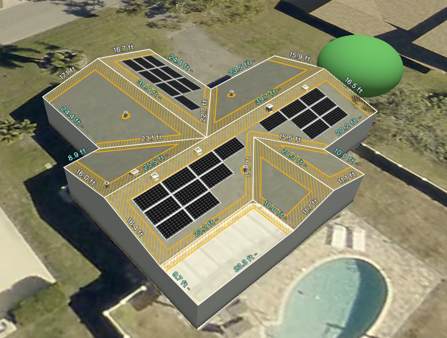 Solar panels auto-placed on a real roof design